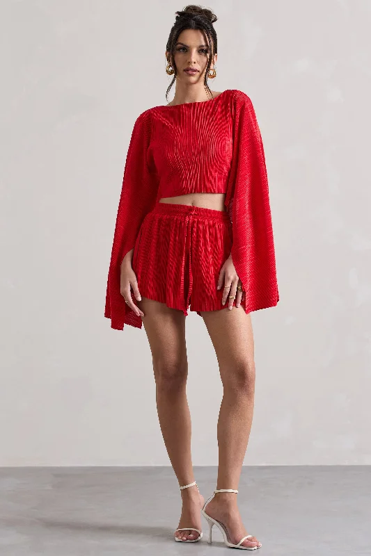 Flare | Red Plisse Cape Sleeve Crop Top