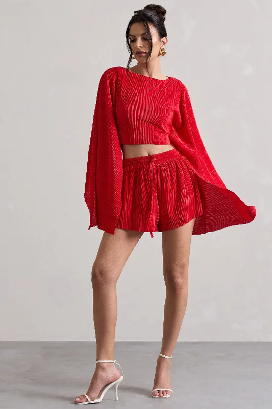 Flare | Red Plisse Cape Sleeve Crop Top