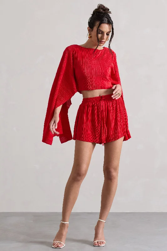 Flare | Red Plisse Cape Sleeve Crop Top