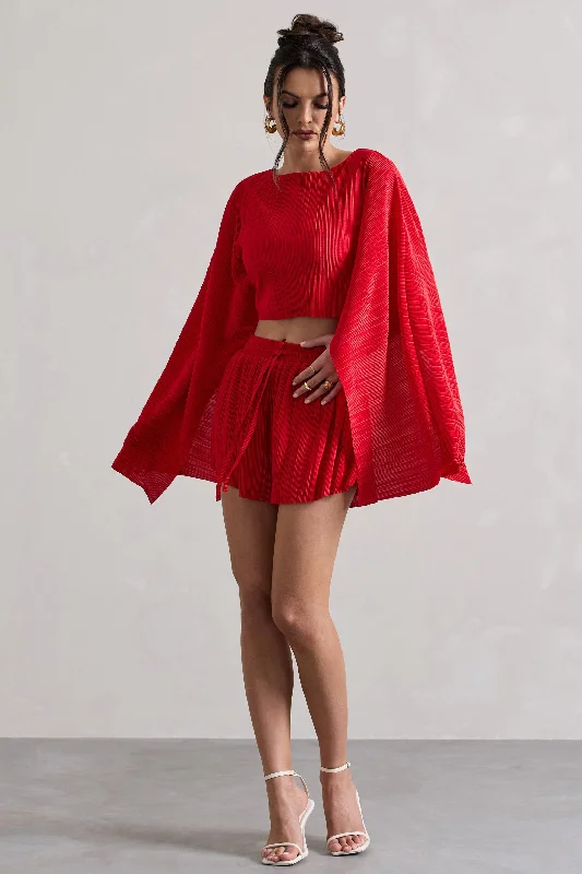 Flare | Red Plisse Cape Sleeve Crop Top