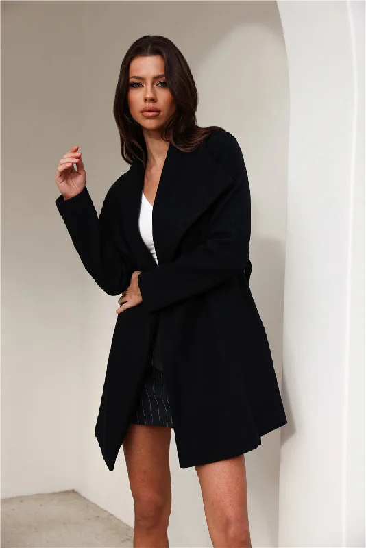 French Winter Wide Collar Wrap Coat Black