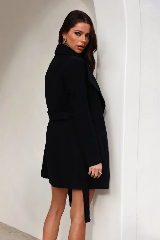 French Winter Wide Collar Wrap Coat Black