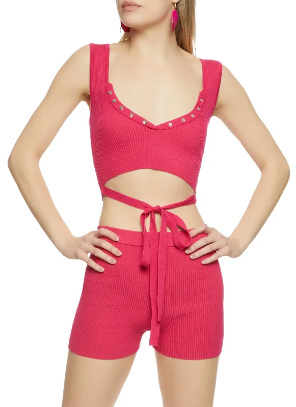 Ribbed Snap Button Detail Tie Front Tank Top