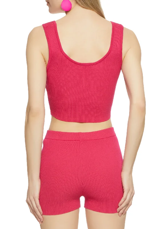 Ribbed Snap Button Detail Tie Front Tank Top