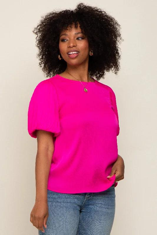 Fuchsia Satin Pleated Puff Short Sleeve Blouse