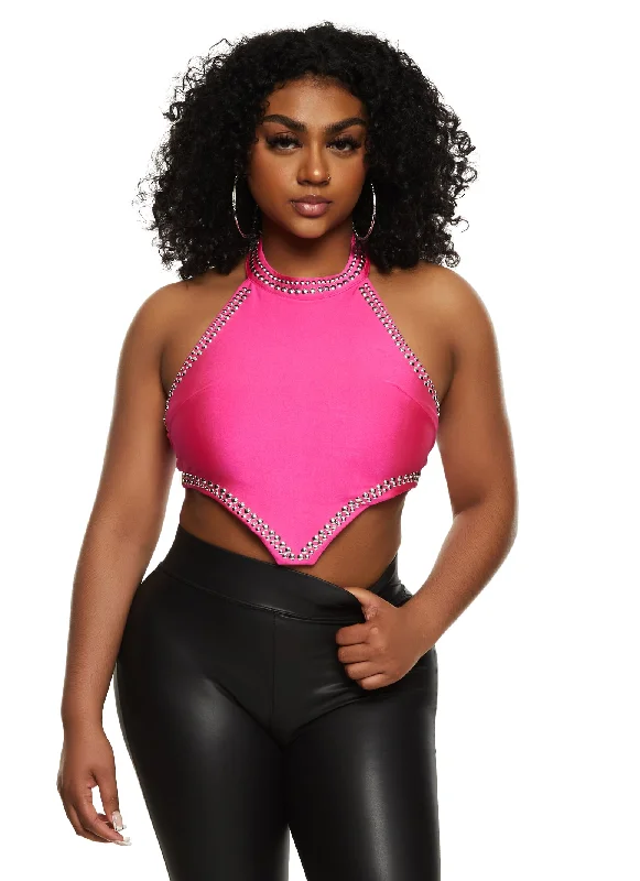 Studded Trim Halter Neck Crop Top