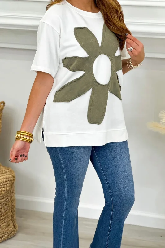 Charcoal Flower Patch Short Sleeve Top