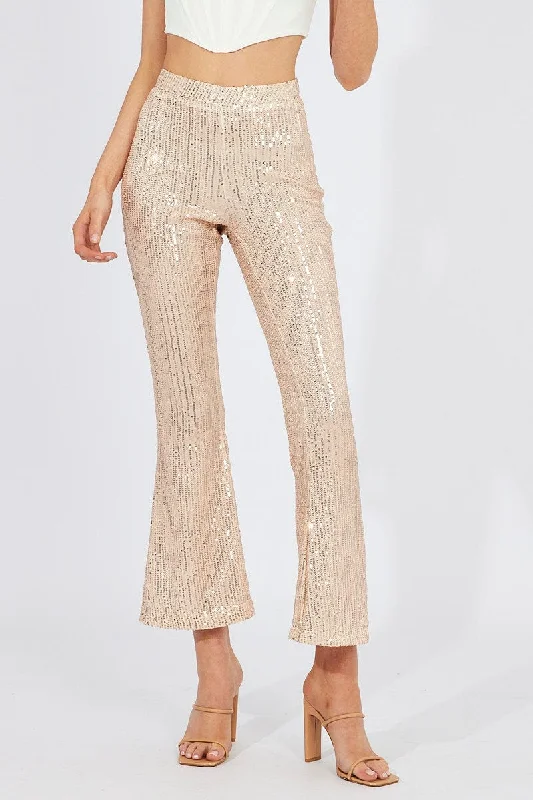 Gold Flare Leg Pants High Rise Metallic