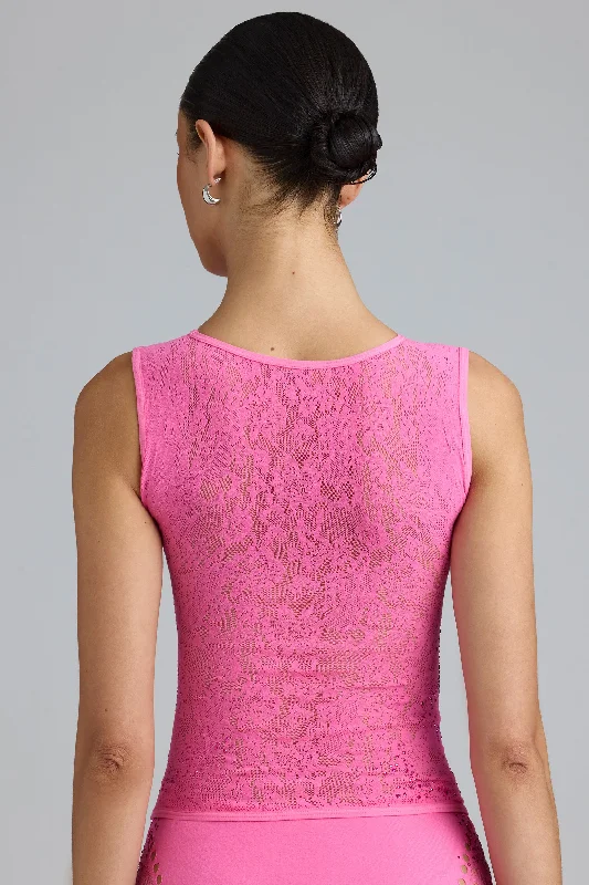 Embellished Lace-Up High-Neck Top in Bubblegum Pink