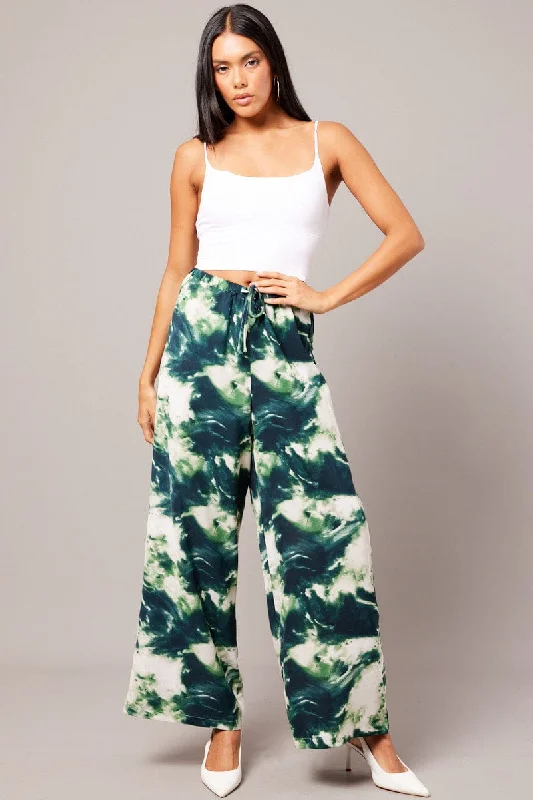 Green Abstract Wide Leg Pants Mid Rise