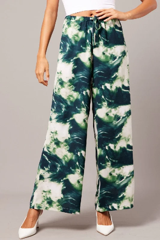 Green Abstract Wide Leg Pants Mid Rise