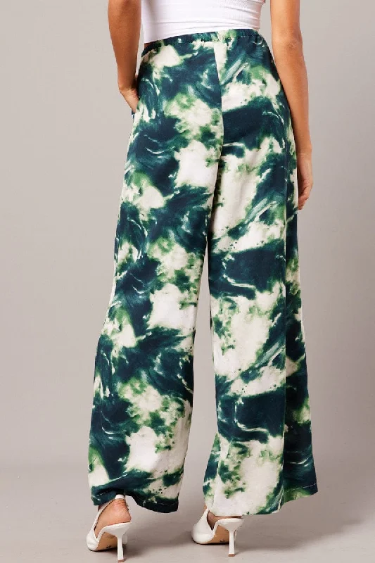 Green Abstract Wide Leg Pants Mid Rise