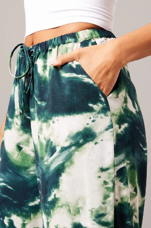 Green Abstract Wide Leg Pants Mid Rise