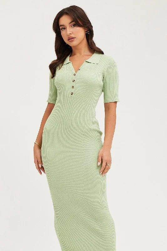 Green Button Front Bodycon Knit Dress