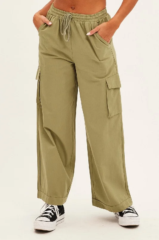 Green Cargo Pant Wide Leg Elastic Waist Cotton Twill