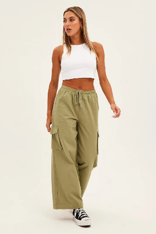 Green Cargo Pant Wide Leg Elastic Waist Cotton Twill