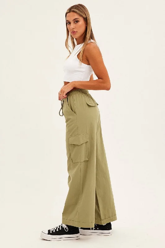 Green Cargo Pant Wide Leg Elastic Waist Cotton Twill