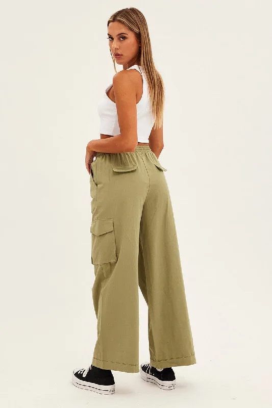 Green Cargo Pant Wide Leg Elastic Waist Cotton Twill