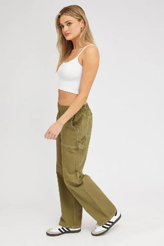 Green Cargo Pants Mid Rise Contrast Stitch