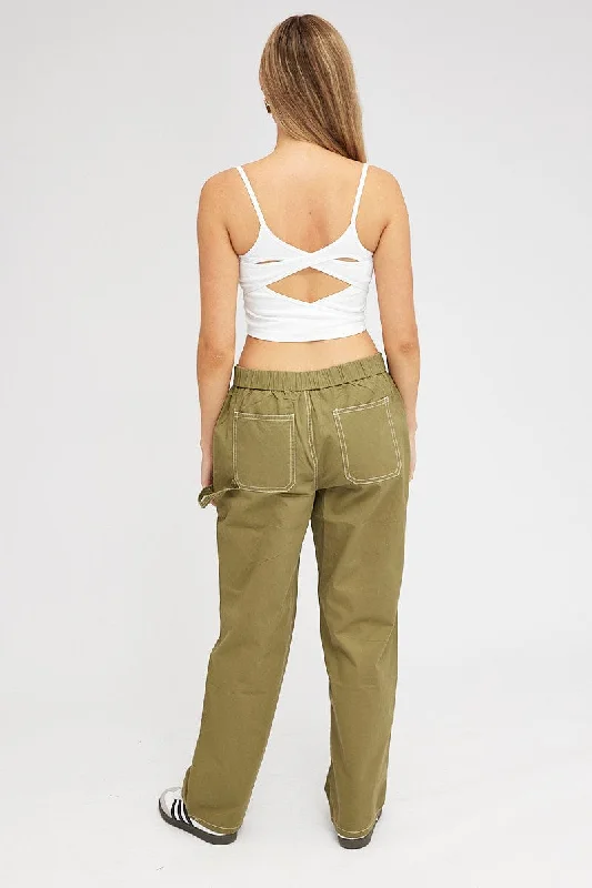 Green Cargo Pants Mid Rise Contrast Stitch