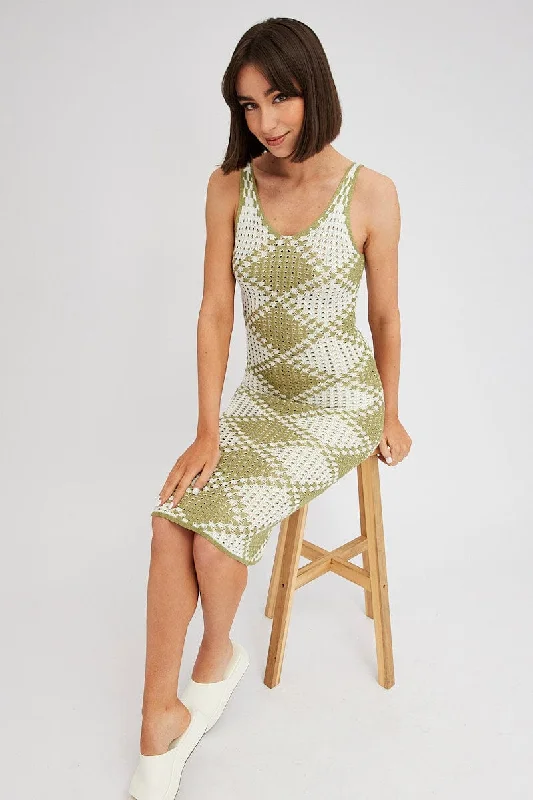 Green Check Knit Dress Midi