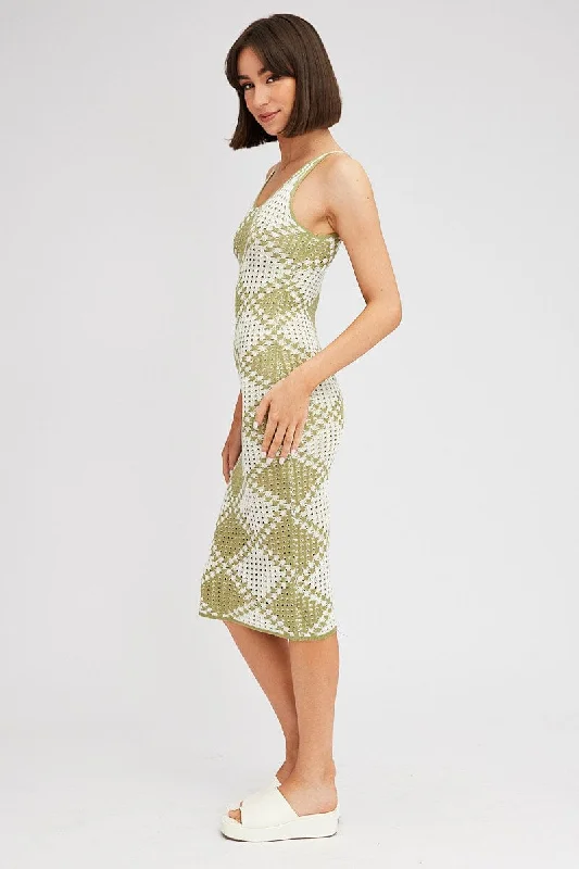 Green Check Knit Dress Midi