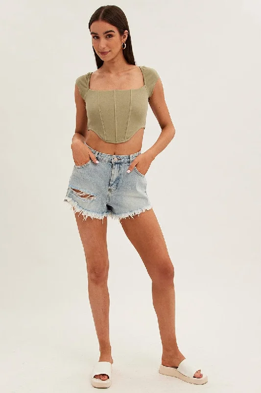 Green Corset Crop Top Short Sleeve Square Neck