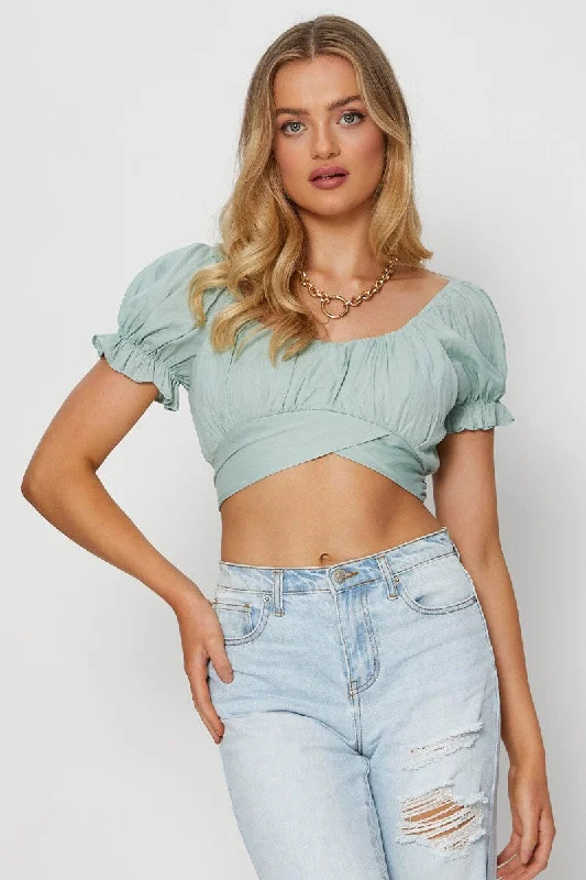 Green Crop Top Short Sleeve Tie Up