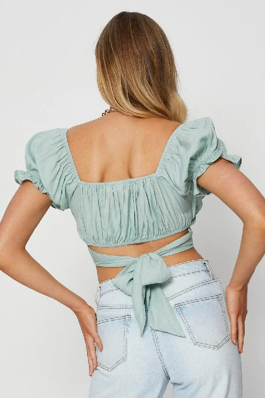 Green Crop Top Short Sleeve Tie Up