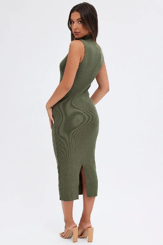 Green Knit Dress High Neck Sleeveless Midi