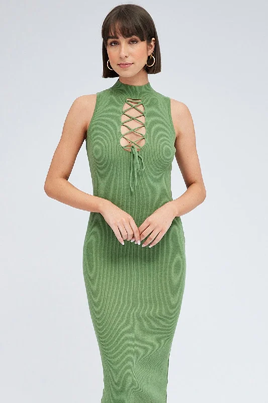 Green Knit Dress High Neck Sleeveless Midi