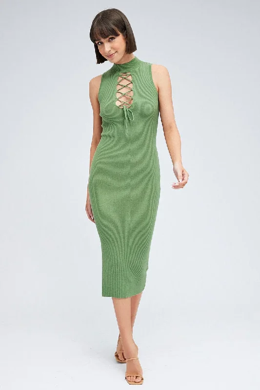 Green Knit Dress High Neck Sleeveless Midi