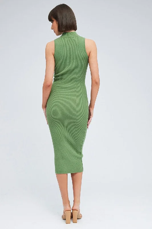 Green Knit Dress High Neck Sleeveless Midi