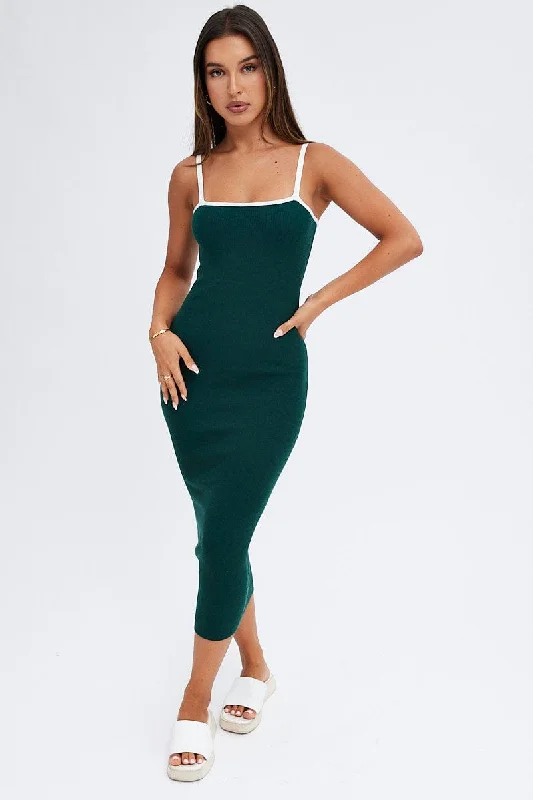 Green Knit Dress Sleeveless Midi Contrast Bind