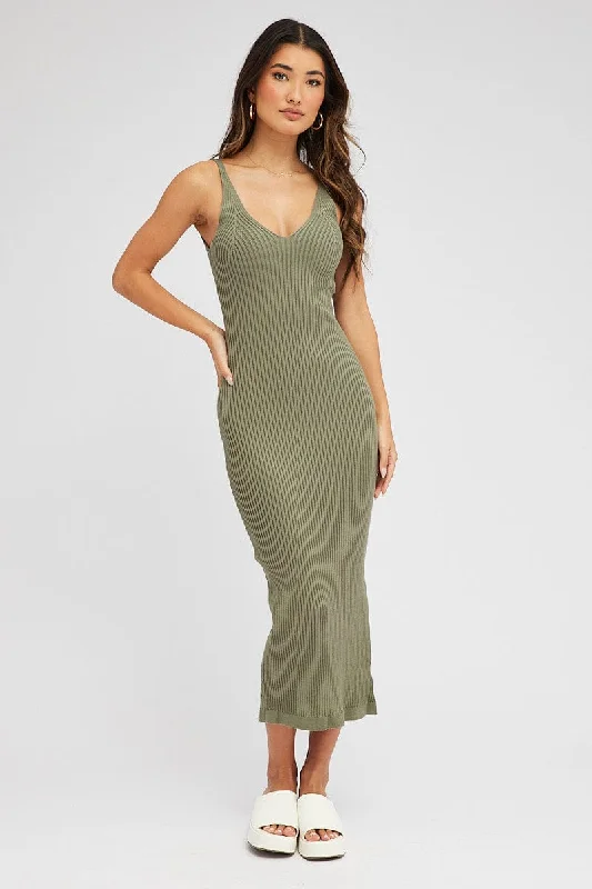 Green Knit Dress Sleeveless Midi