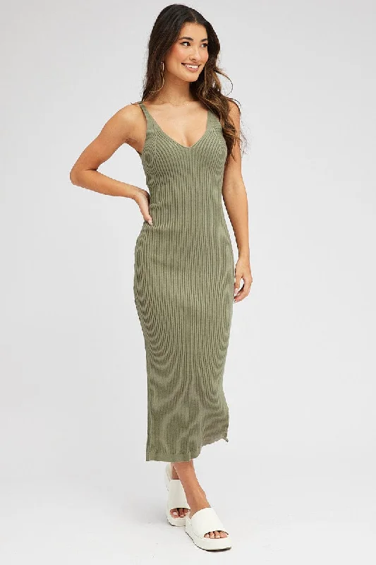 Green Knit Dress Sleeveless Midi