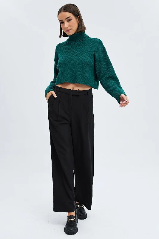 Green Knit Jumper Turtle Neck Crop