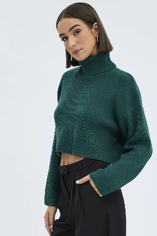 Green Knit Jumper Turtle Neck Crop