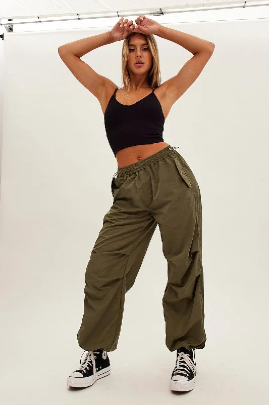 Green Parachute Cargo Pants Low Rise