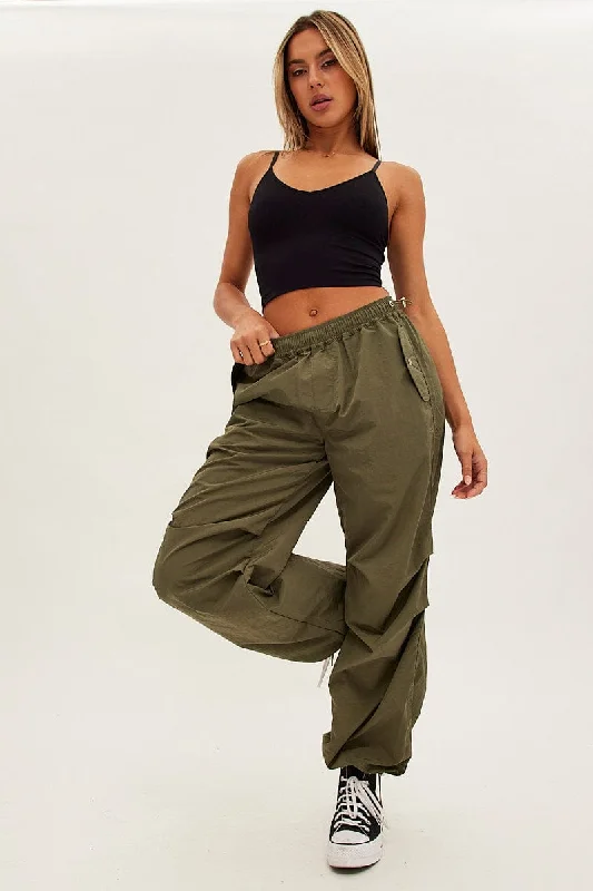 Green Parachute Cargo Pants Low Rise