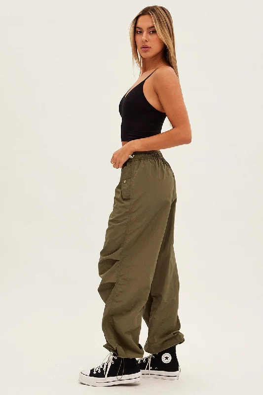 Green Parachute Cargo Pants Low Rise