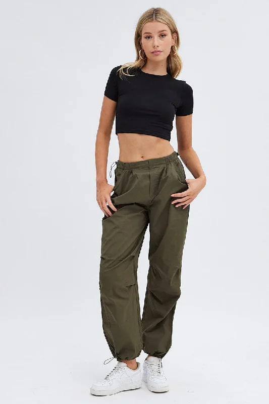 Green Parachute Cargo Pants Low Rise