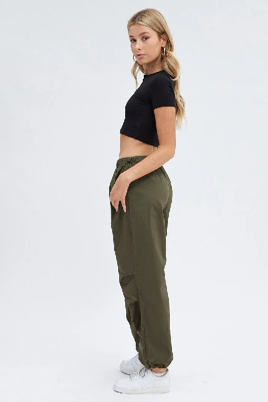 Green Parachute Cargo Pants Low Rise