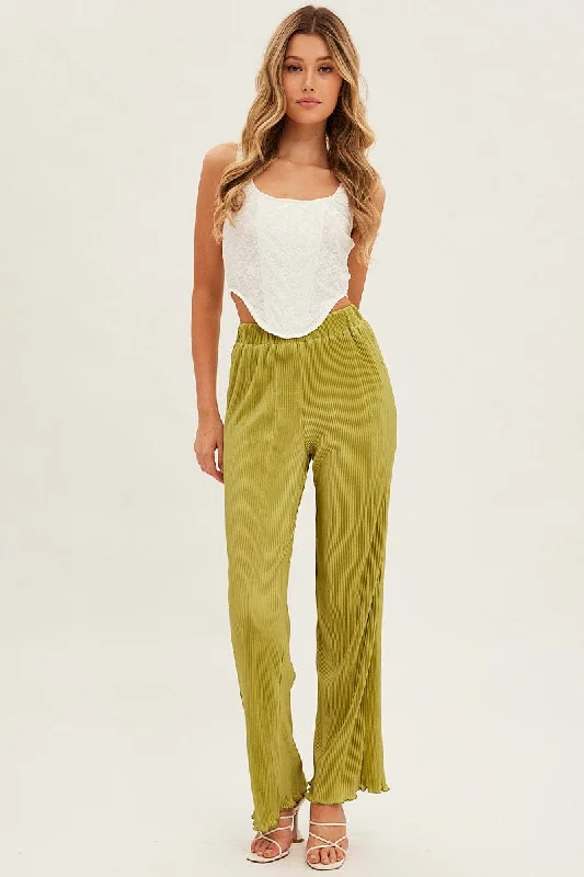 Green Plisse Pant Wide Leg Elastic Waist Lettuce Edge