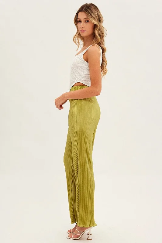 Green Plisse Pant Wide Leg Elastic Waist Lettuce Edge