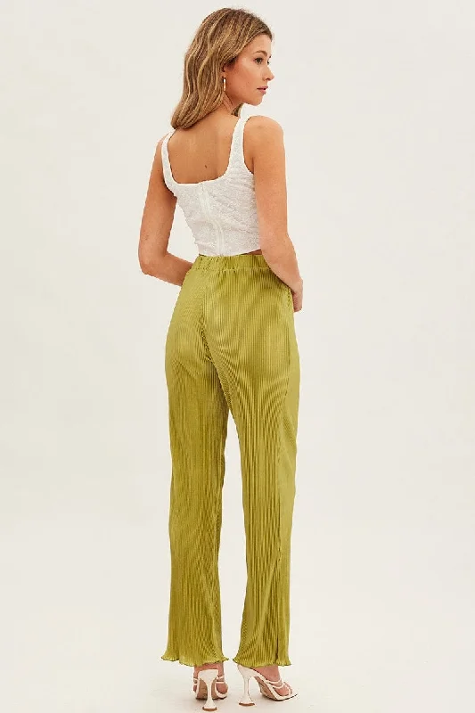 Green Plisse Pant Wide Leg Elastic Waist Lettuce Edge