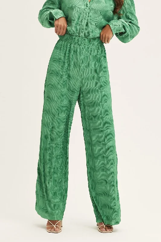 Green Plisse Pants Wide Leg High Rise