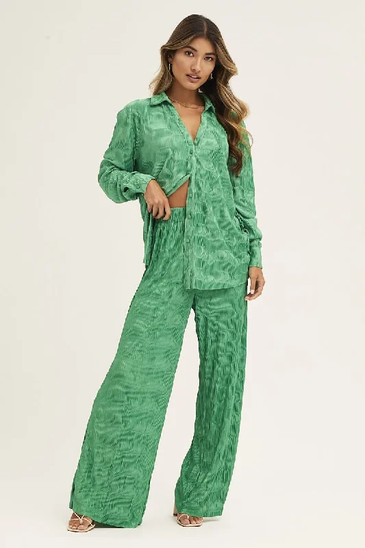 Green Plisse Pants Wide Leg High Rise