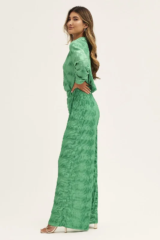 Green Plisse Pants Wide Leg High Rise