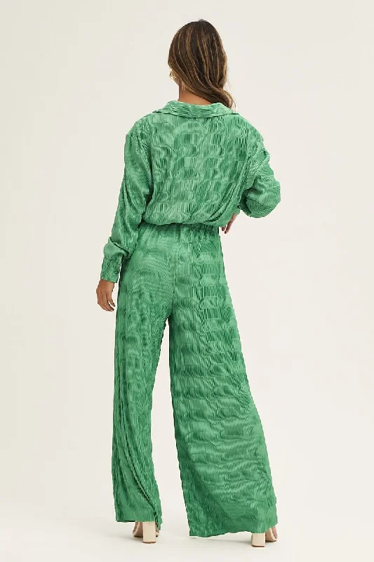 Green Plisse Pants Wide Leg High Rise